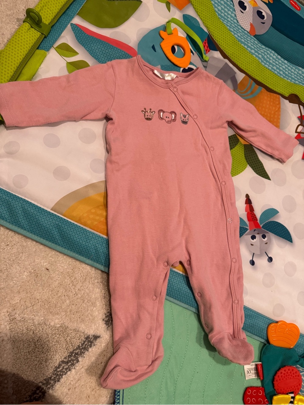 Baby Girls Pink Footed One-Piece Romper with Animal Embroidery
